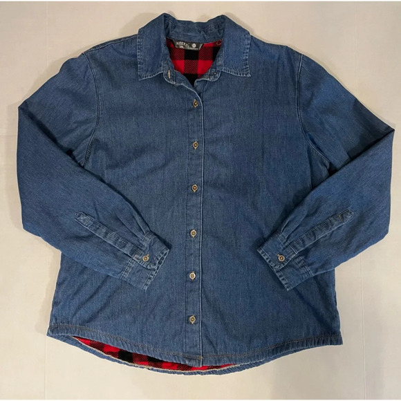 Riders By Lee Denim Flannel Lined Long Sleeve Button Down Blouse Size Medium - Picture 1 of 6